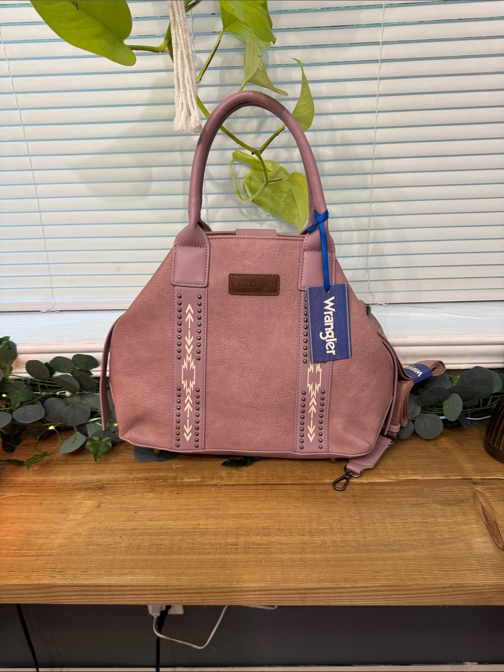 Wrangler Pink Studded Satchel with Embroidered Strips
